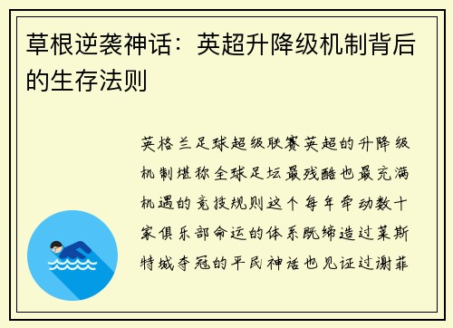 草根逆袭神话：英超升降级机制背后的生存法则
