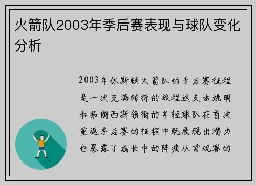 火箭队2003年季后赛表现与球队变化分析