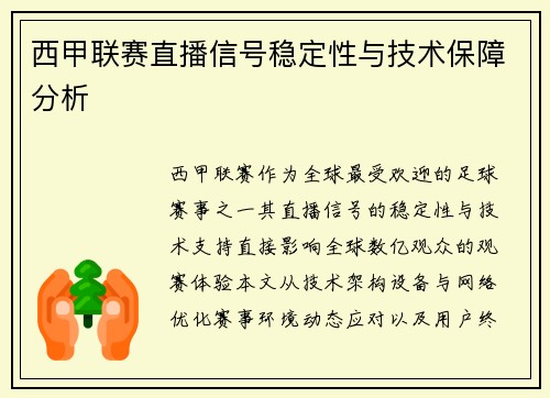 西甲联赛直播信号稳定性与技术保障分析