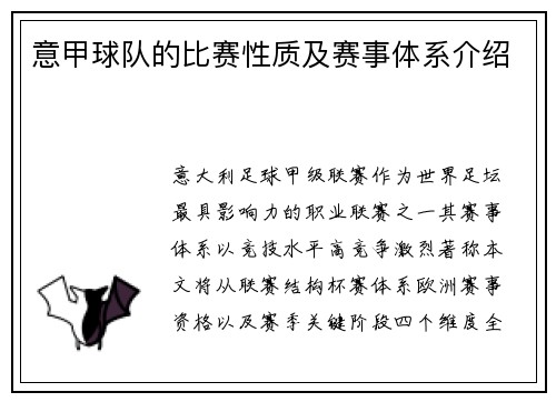 意甲球队的比赛性质及赛事体系介绍
